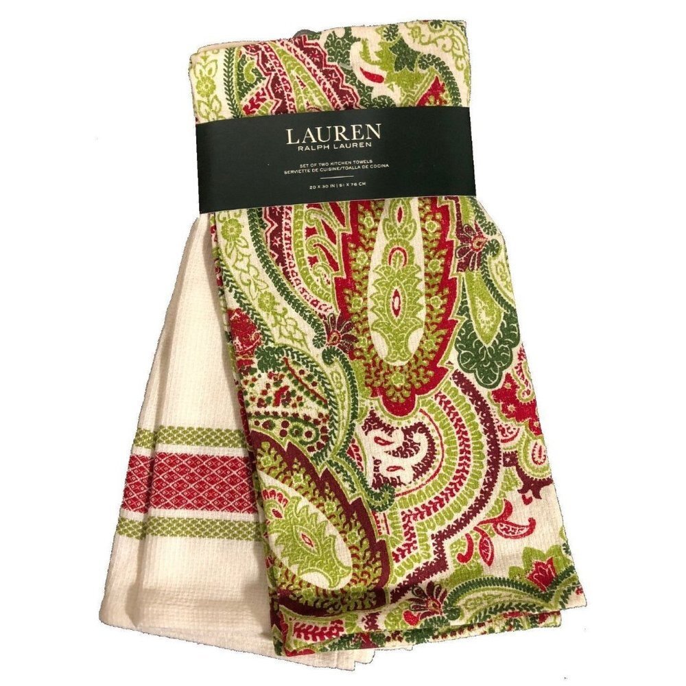 LAUREN Ralph Lauren Set of 2 KITCHEN TOWELS Holiday 20" x 30" Paisley / Stripe